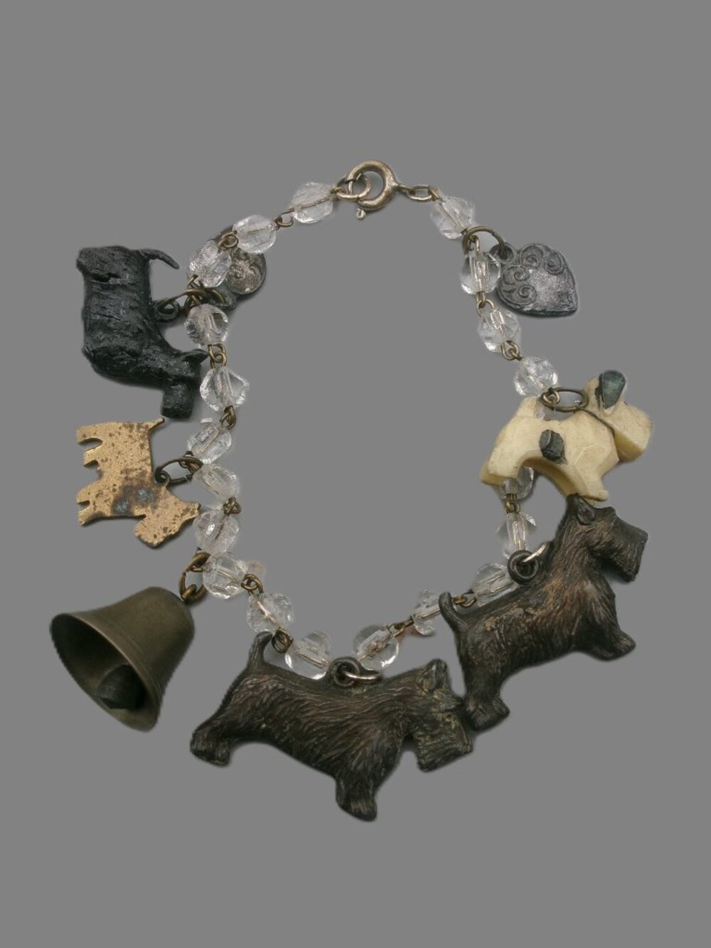 Vintage Scottie Terrier Charm Bracelet, Celluloid, Brass, Metal on Beaded Chain